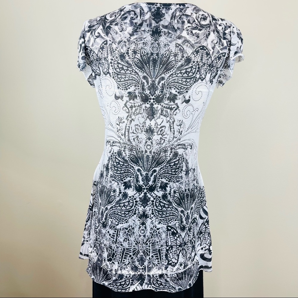 APT 9 blouse MODERN Striking FLORAL V NECK silky sheen LONGER LENTGH feminine - Picture 9 of 12